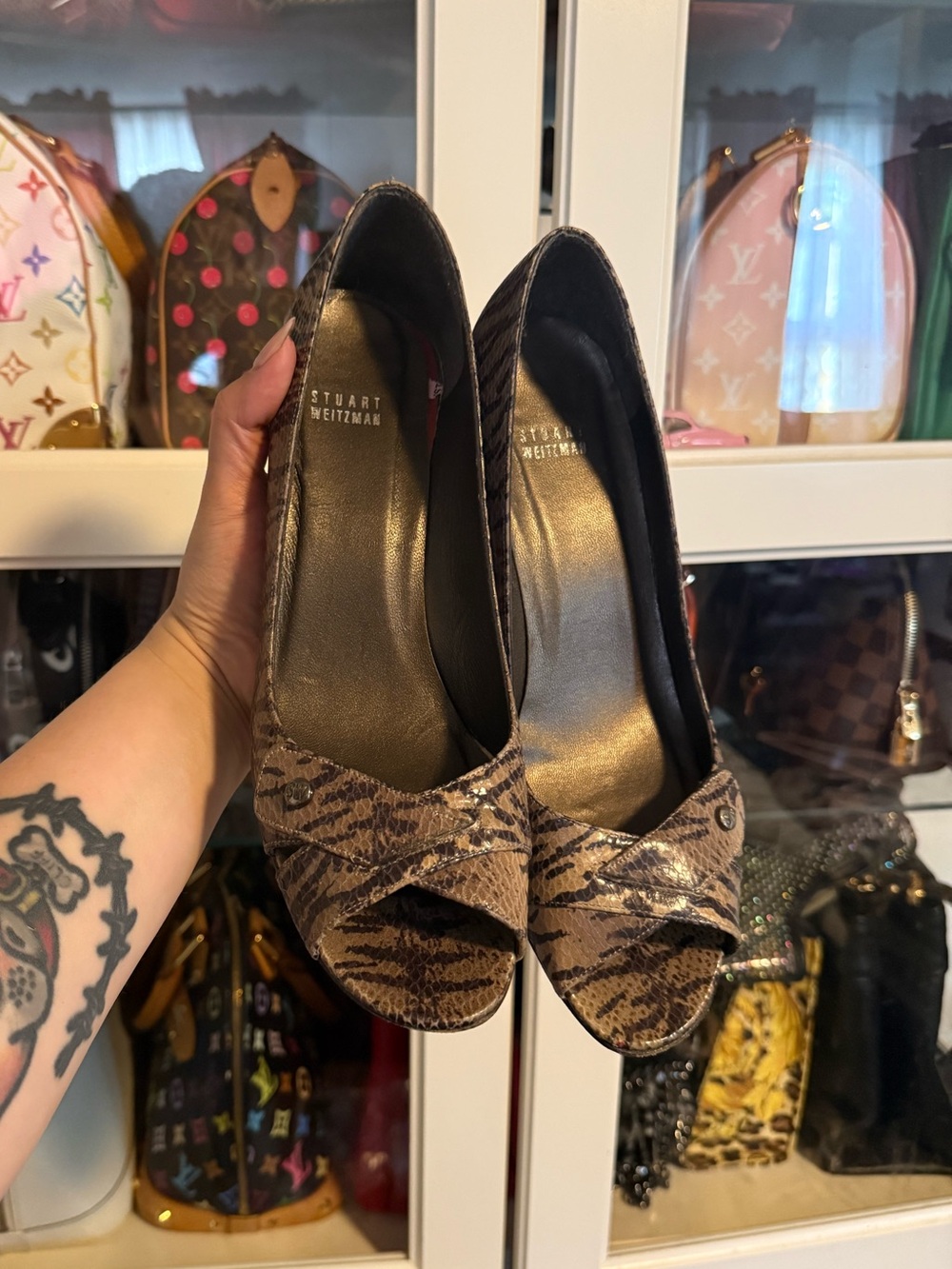 Stuart Weitzman Tan and Brown Animal-Print Peep-Toe Pumps